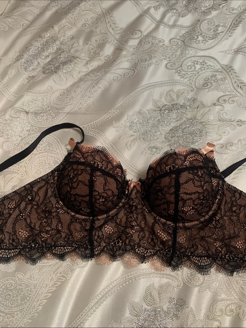 Black Lace Longline Bra with Blush Lining